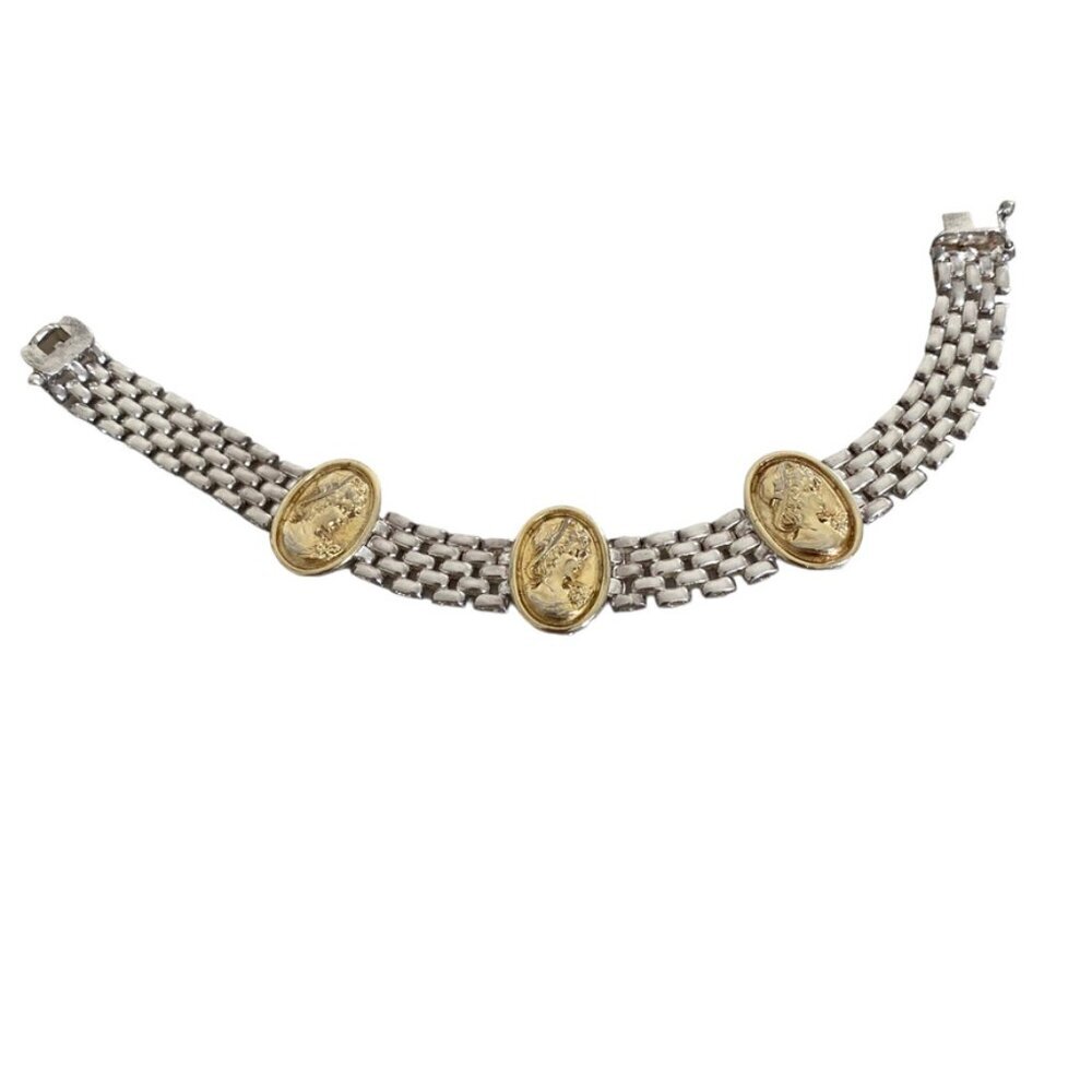 Vintage Signed PRS Italy Sterling Silver Bracelet Panther chain Cameo Coin GP